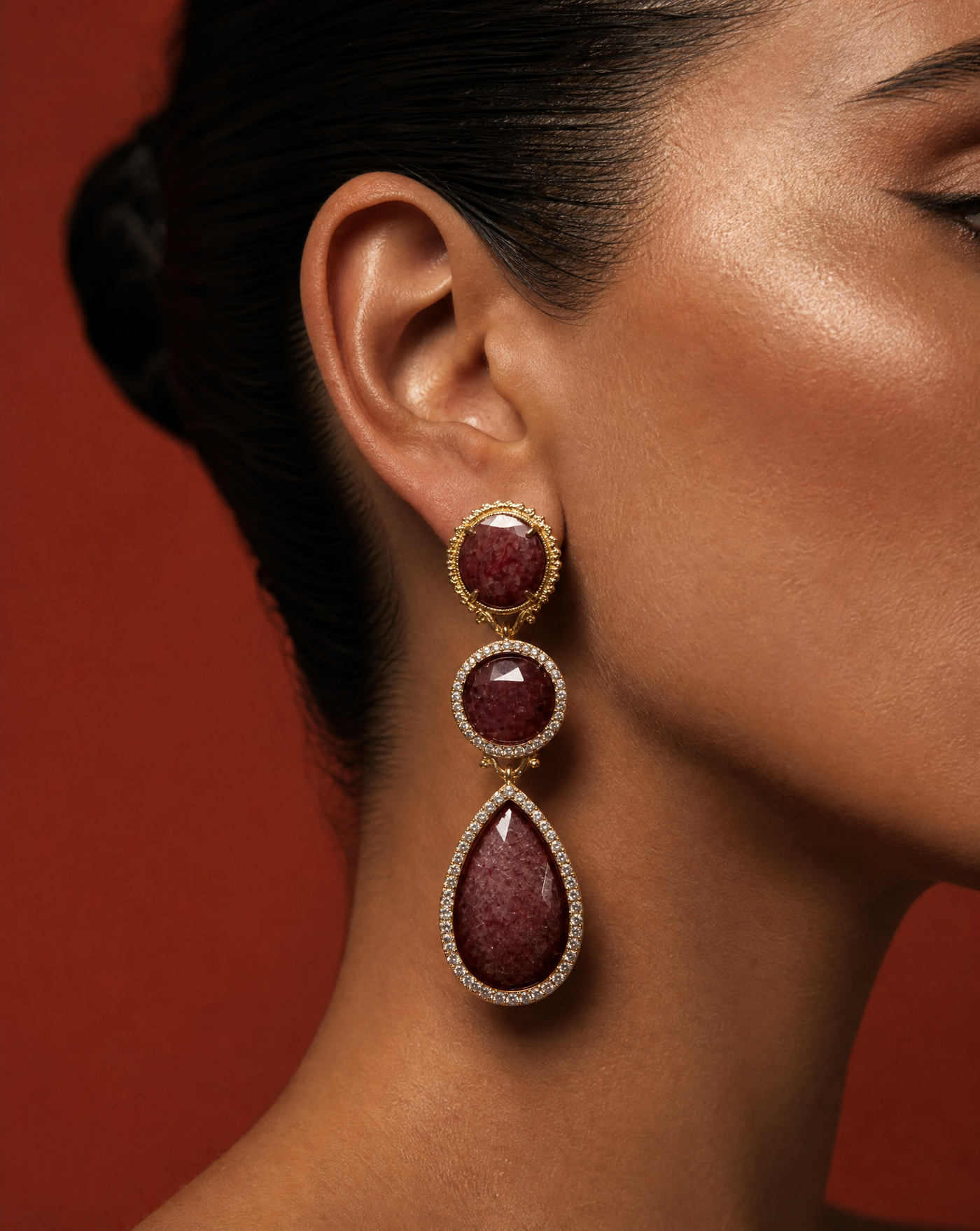 Strawberry Quartz Triple Drop Statement Earrings | Graduation Gift Jewelry