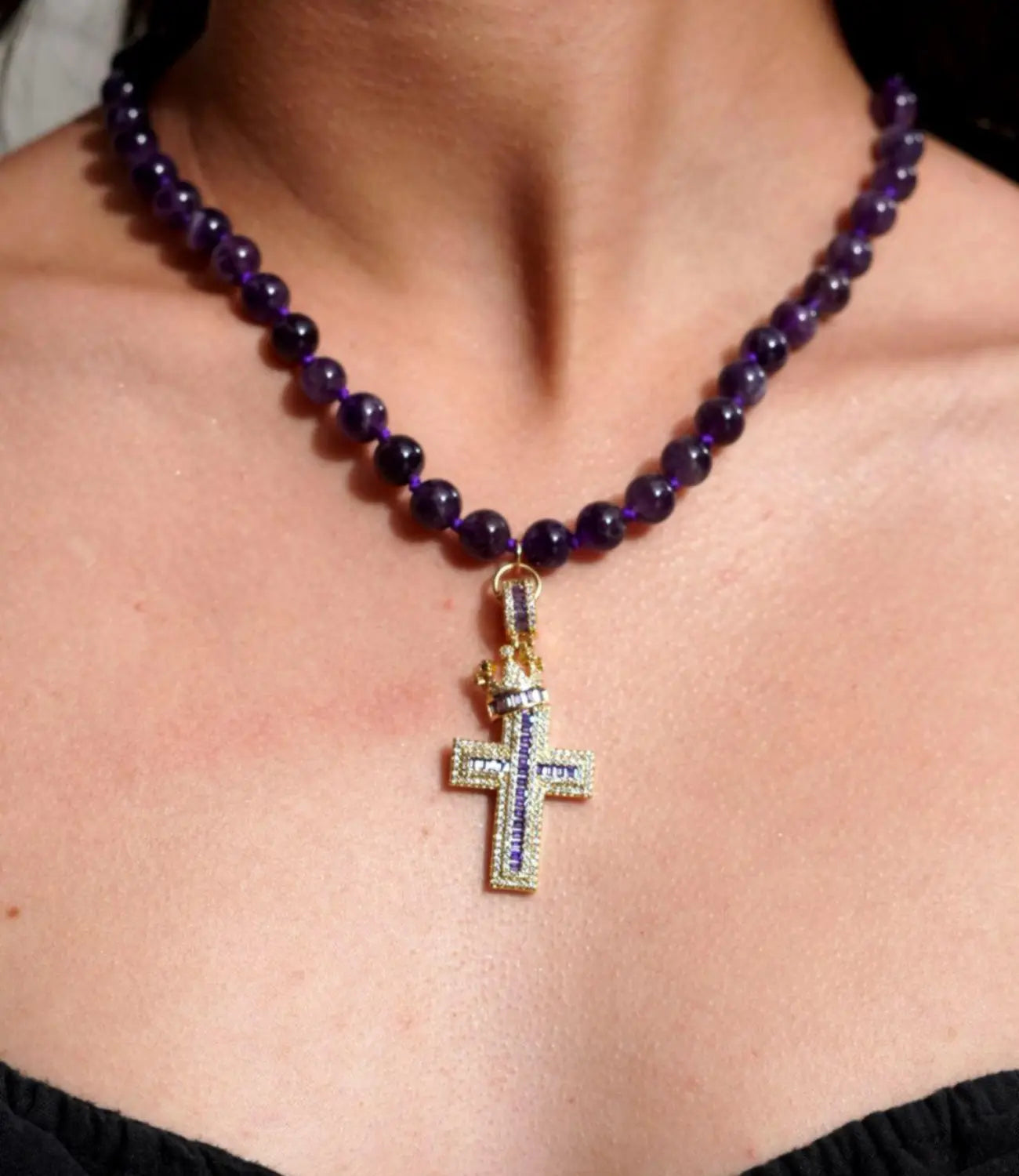 8mm Amethyst Necklace with Zirconia Cross PHOEBE'S 