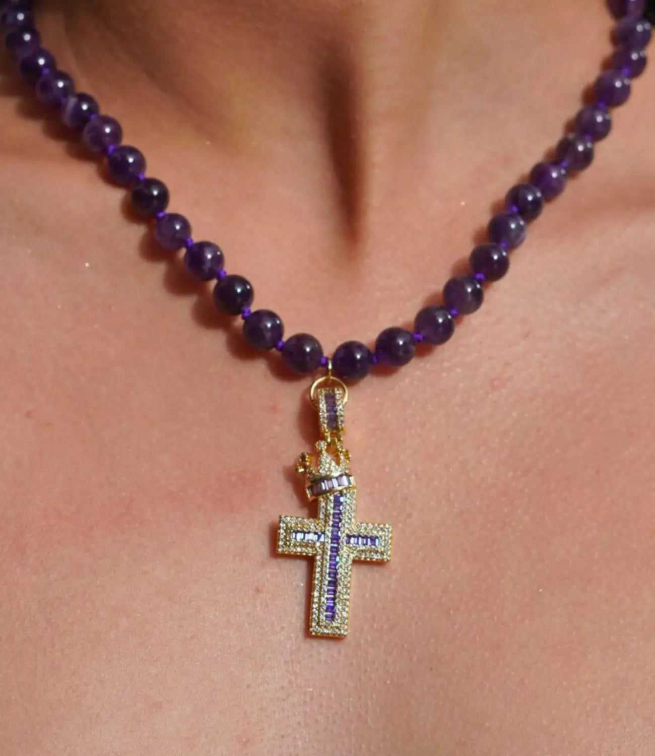 8mm Amethyst Necklace with Zirconia Cross PHOEBE'S 