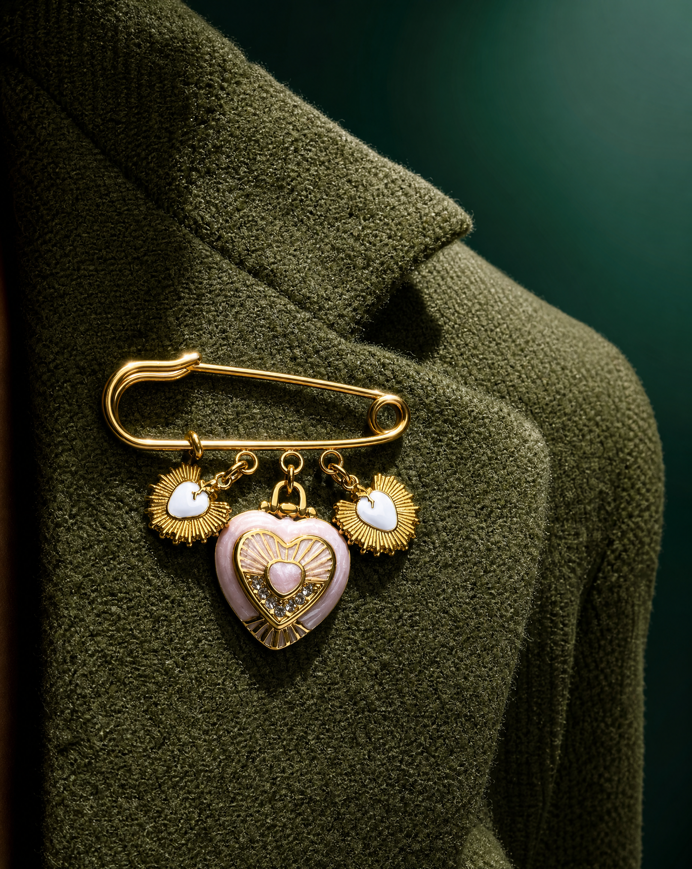 Golden Ray Heart Pin | Vintage Pink Handmade Brooch