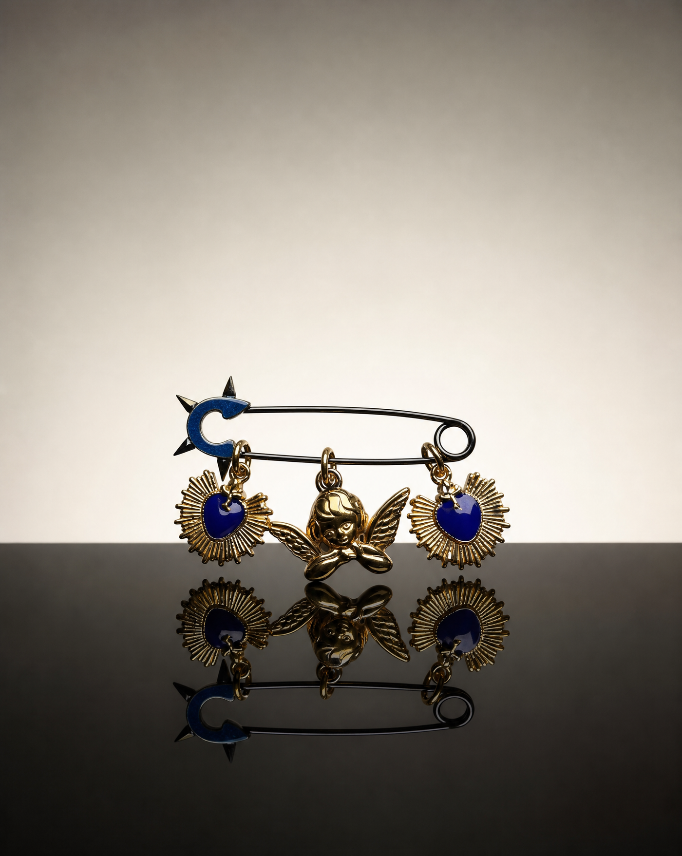 Cherub Angel Pin Brooch | Blue Heart Sunburst Charm Handmade