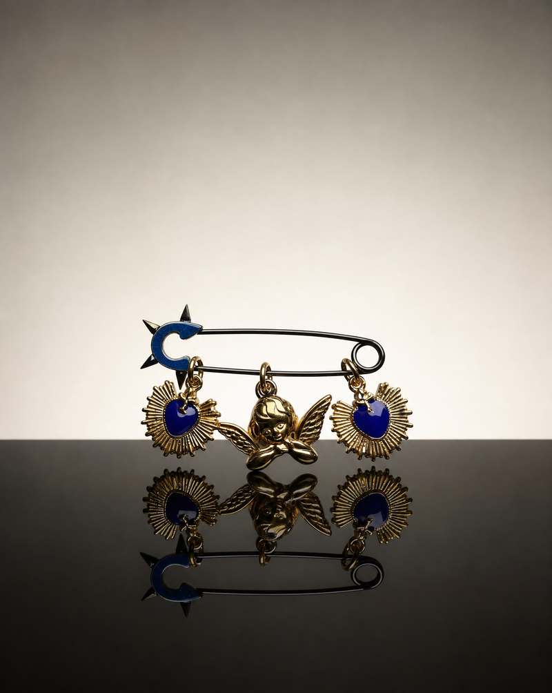 Cherub Angel Pin Brooch | Blue Heart Sunburst Charm Handmade