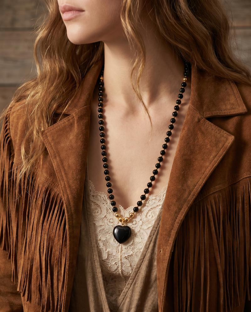 Black Obsidian Beaded Necklace | Handmade Boho Heart Necklace