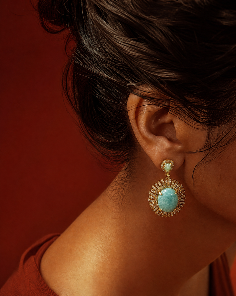 Amazonite Statement Earrings Gold | Natural Stone Handmade