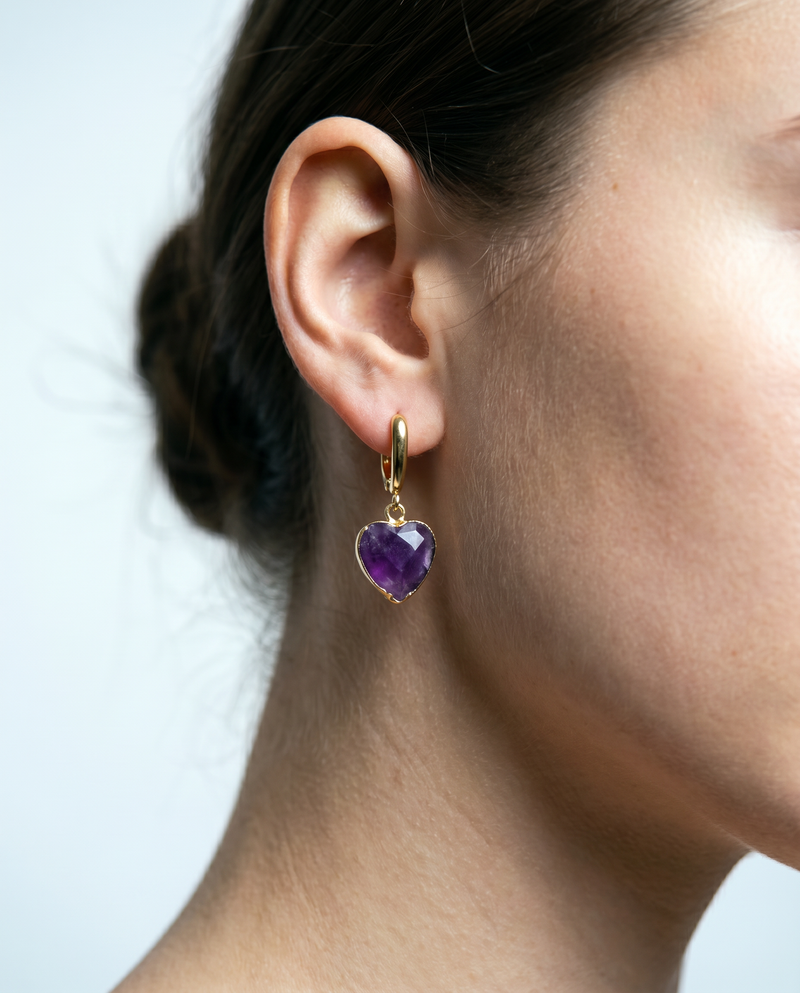 Handmade Amethyst Heart Huggie Earrings· Natural Gemstone