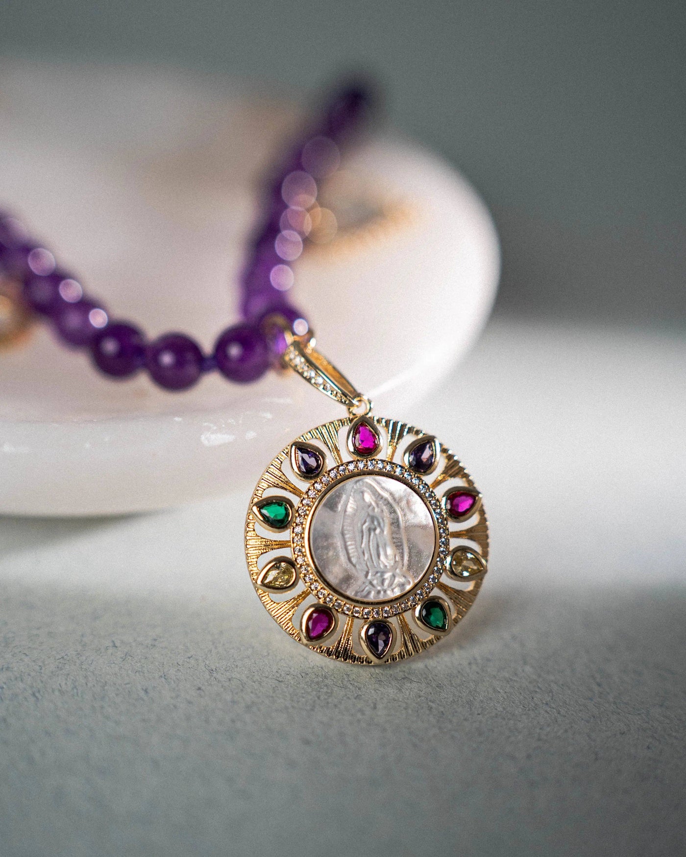 Mother-of-Pearl and Agate Virgin Necklace