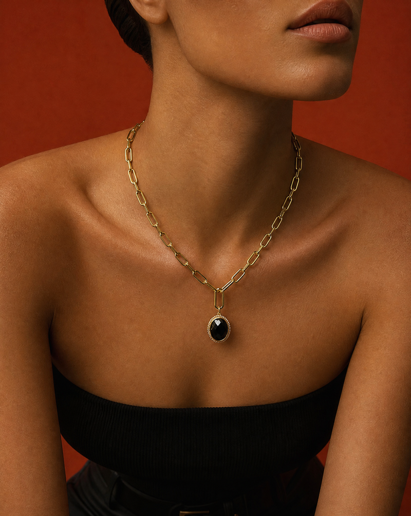 Natural Stone Oval Pendant Necklace | Paperclip Chain Layering Necklace
