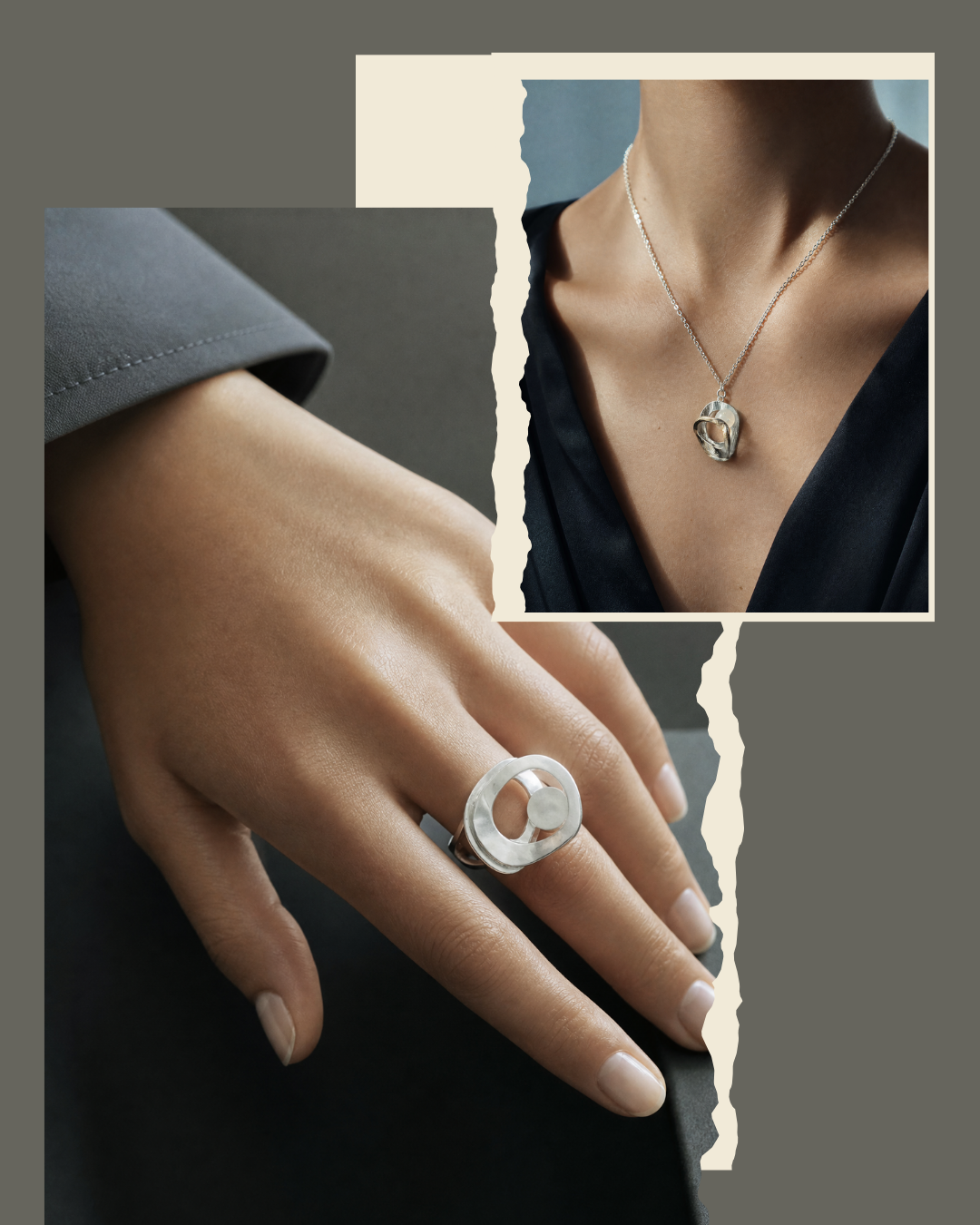 Moonstone Sculptural Pendant Necklace & Open Ring Set | Gemstone Jewelry