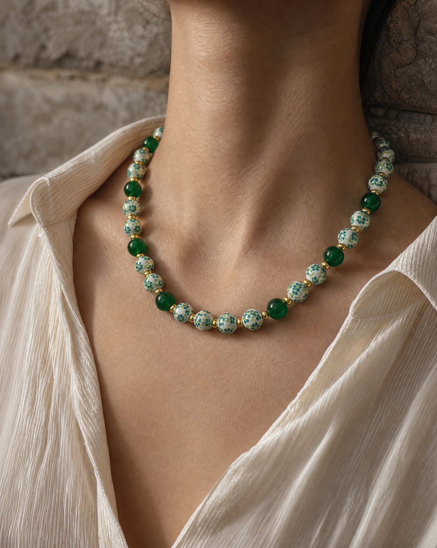 Floral Ceramic & Gemstone Beaded Necklace | Handcrafted Statement Necklace