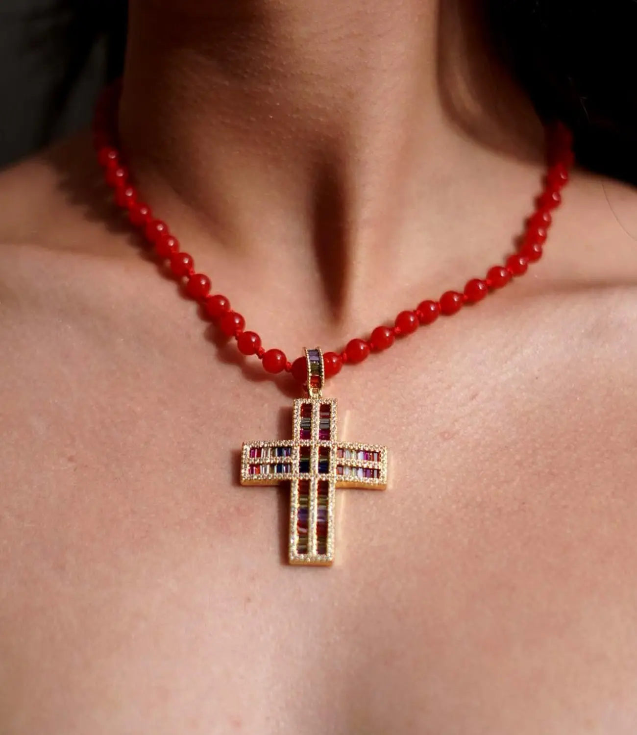 Agate Necklace with Majestic Cross of Set Zirconia PHOEBE'S 