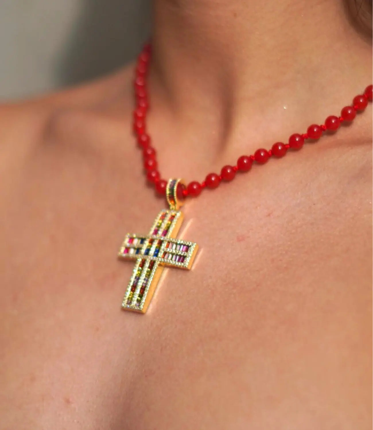 Agate Necklace with Majestic Cross of Set Zirconia PHOEBE'S 
