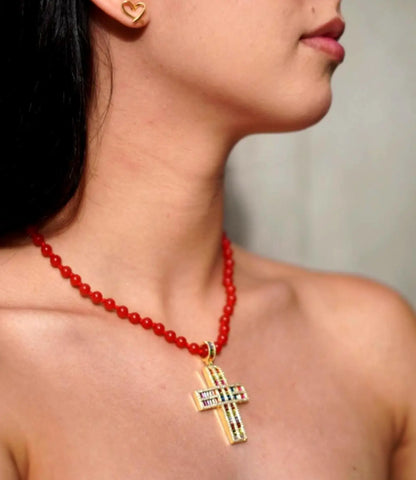 Agate Necklace with Majestic Cross of Set Zirconia PHOEBE'S 