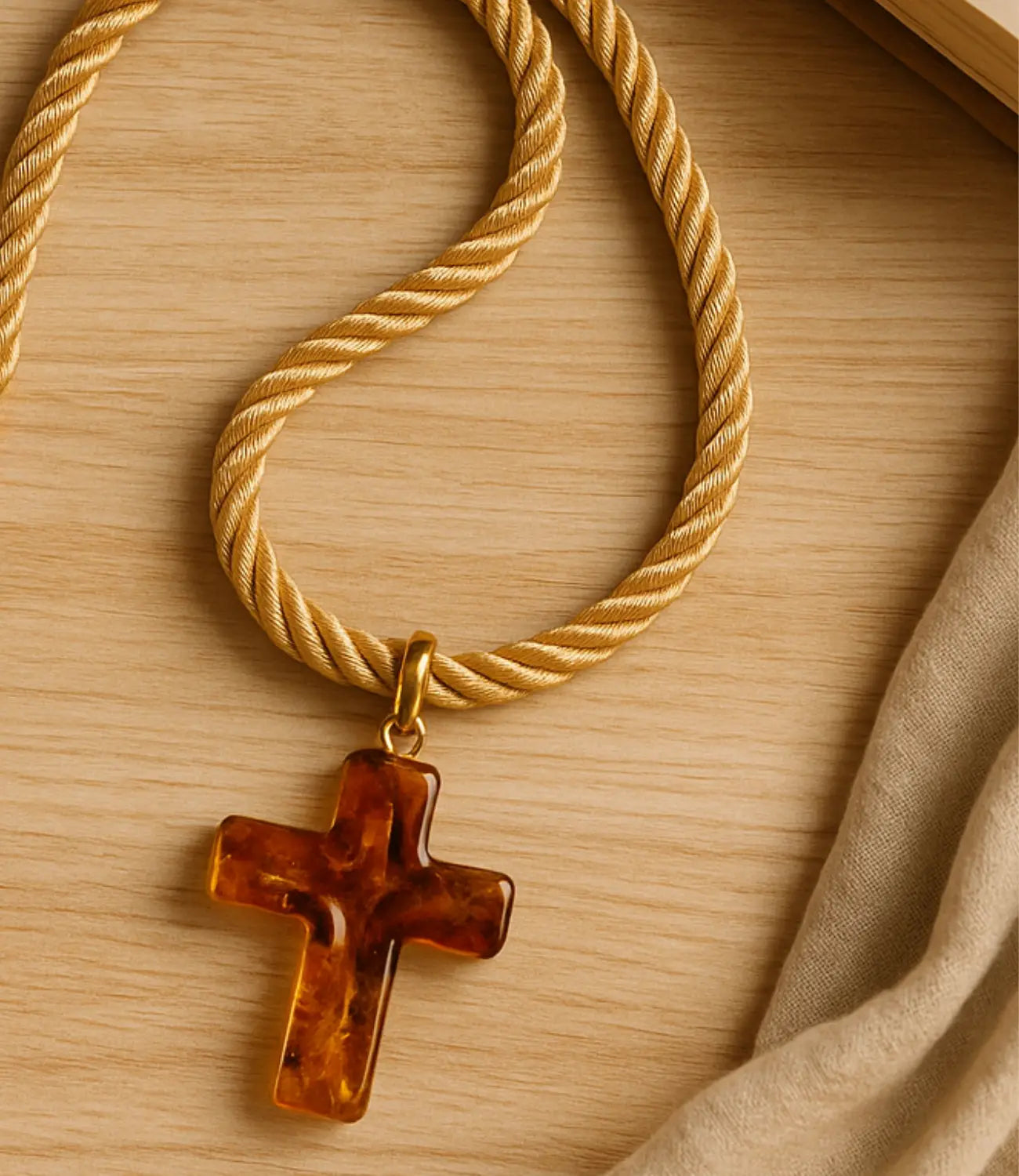 Amber Glass Cross Necklace with Brown Cord – Hand-Gold-Tone Details PHOEBE'S 