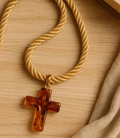 Amber Glass Cross Necklace with Brown Cord – Hand-Gold-Tone Details PHOEBE'S 