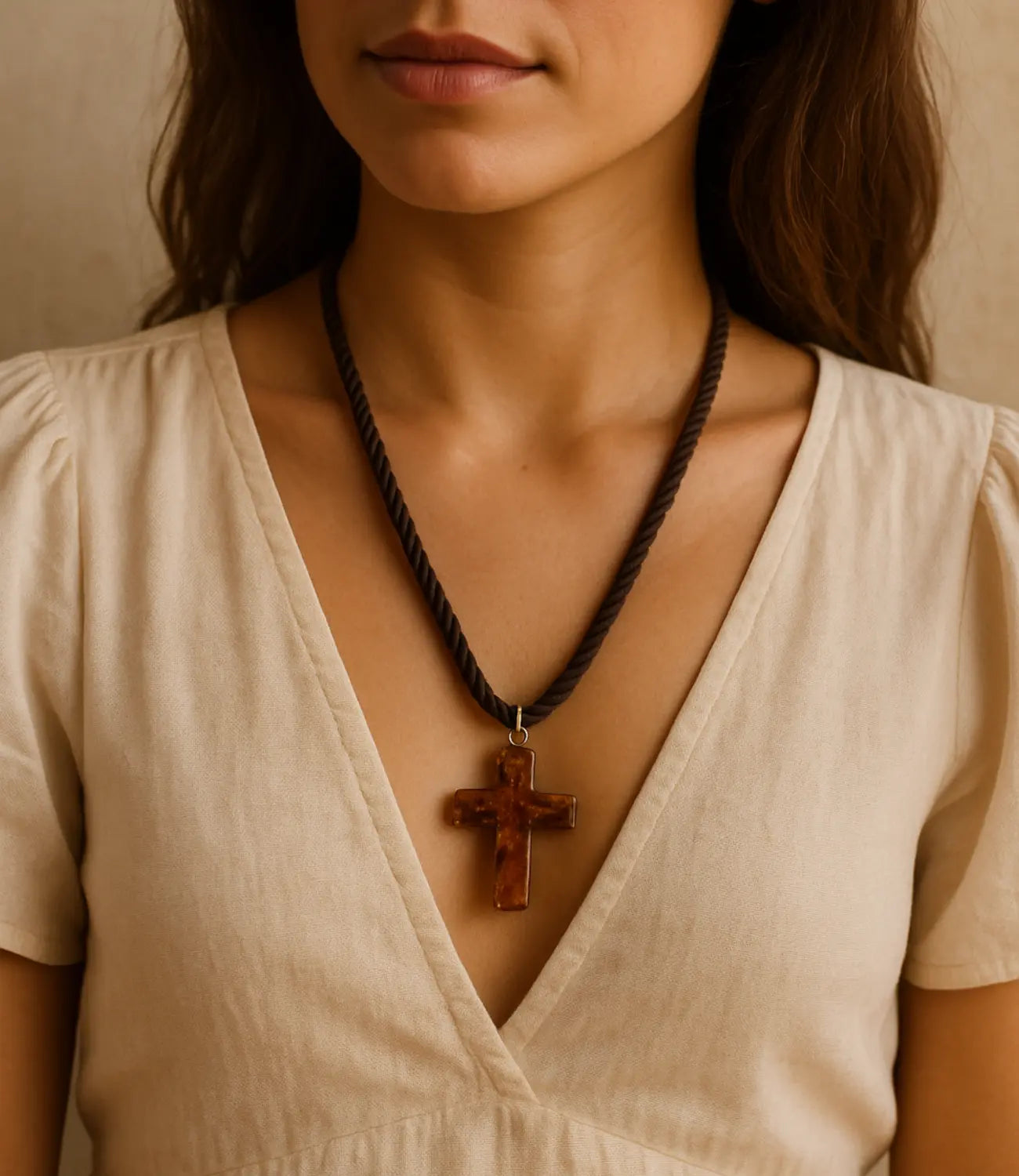 Amber Glass Cross Necklace with Brown Cord – Hand-Gold-Tone Details PHOEBE'S 