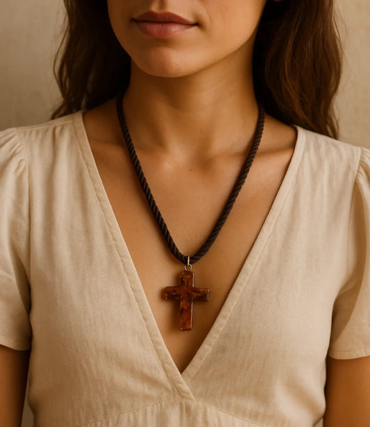 Amber Glass Cross Necklace with Brown Cord – Hand-Gold-Tone Details PHOEBE'S 