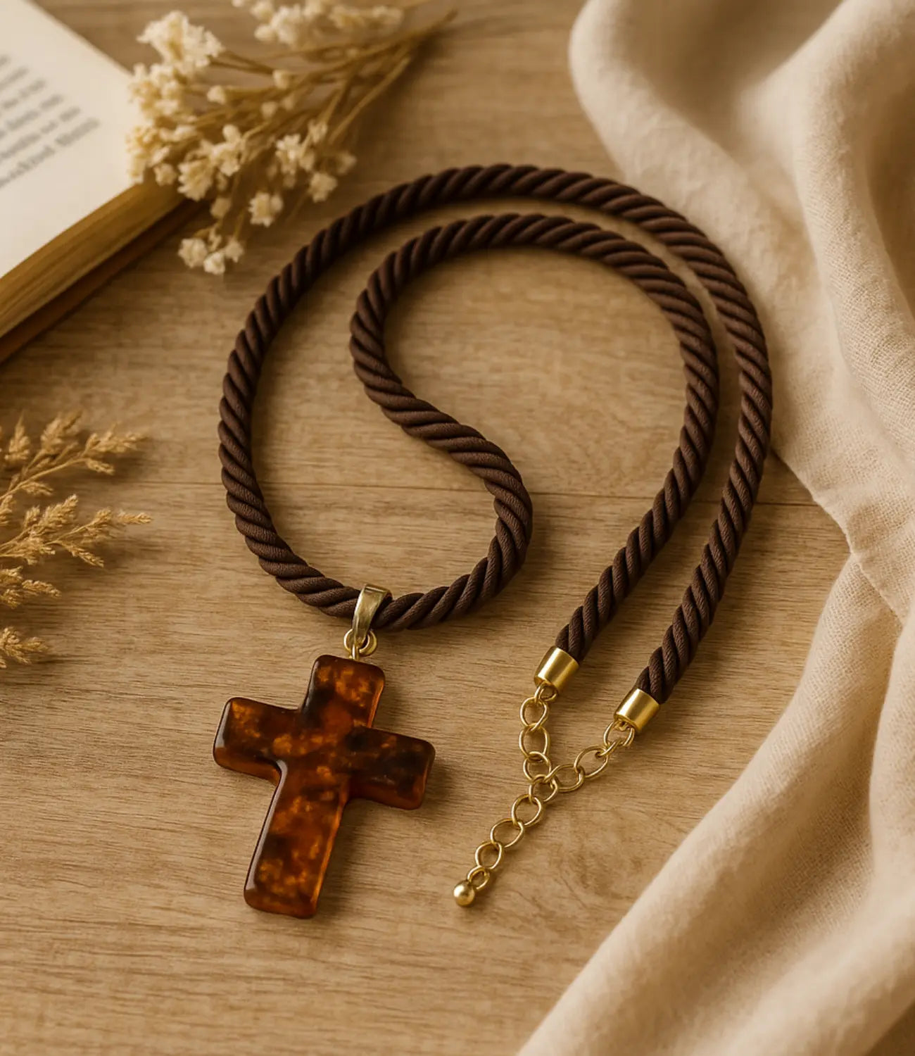 Amber Glass Cross Necklace with Brown Cord – Hand-Gold-Tone Details PHOEBE'S 