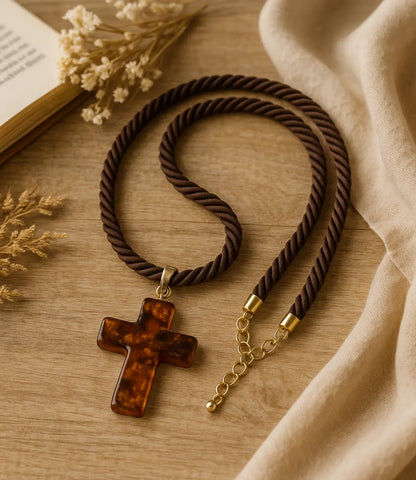 Amber Glass Cross Necklace with Brown Cord – Hand-Gold-Tone Details PHOEBE'S 