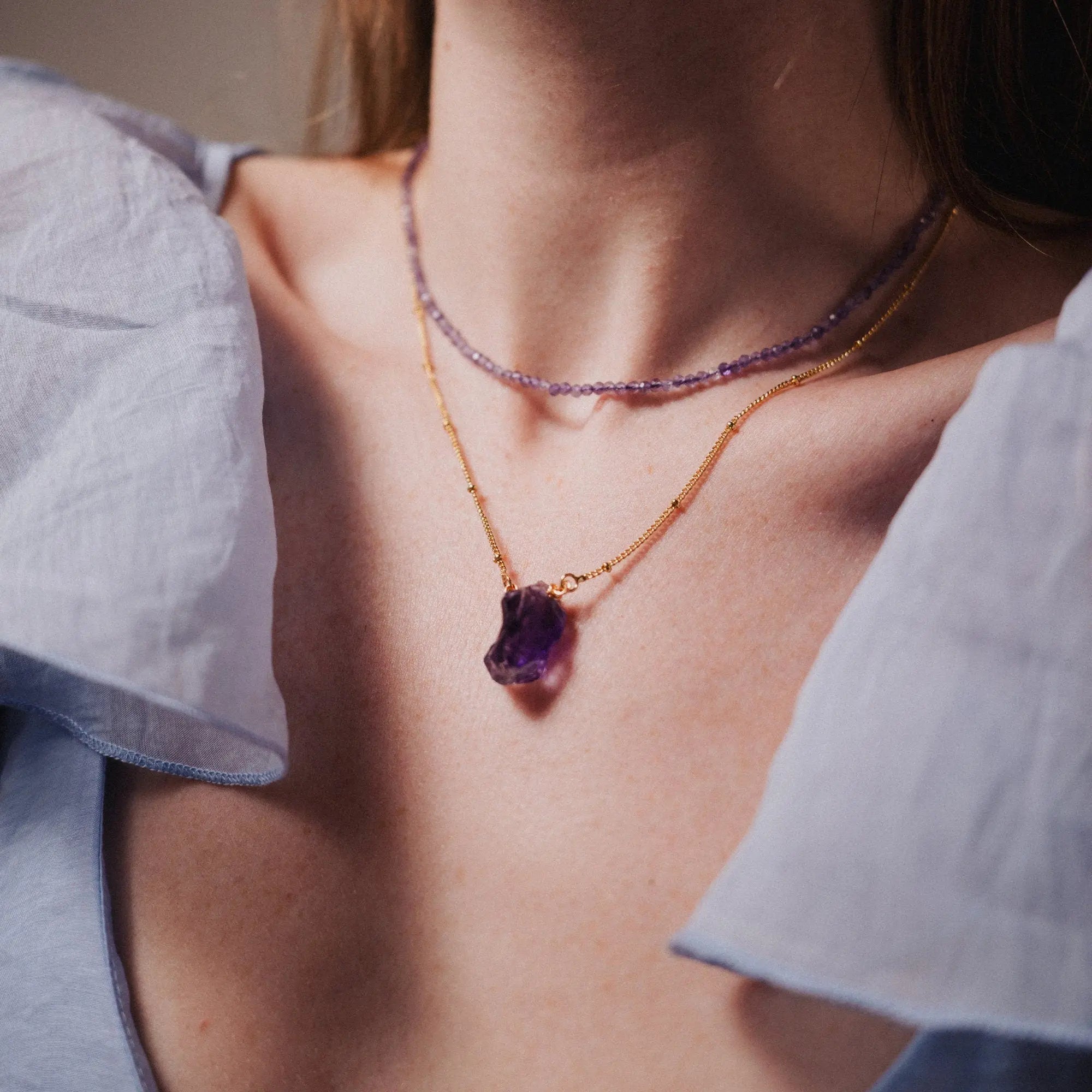 Amethyst Layered Necklace, Sterling Silver Jewelry, Dainty Gold Plated Necklace, Gift Handmade