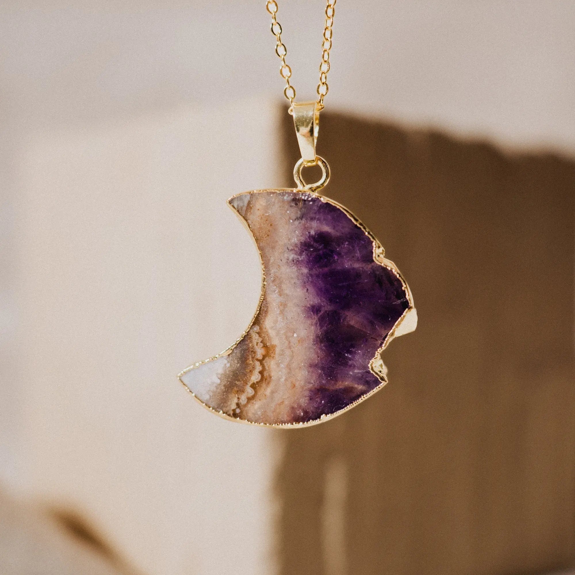 Amethyst Necklace, Gold Plated Necklace, Birthstone, Natural Stones, Moon Necklace, Protection Collar