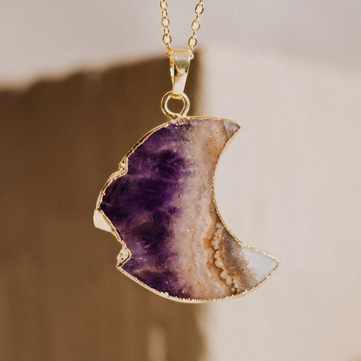 Amethyst Necklace, Gold Plated Necklace, Birthstone, Natural Stones, Moon Necklace, Protection Collar