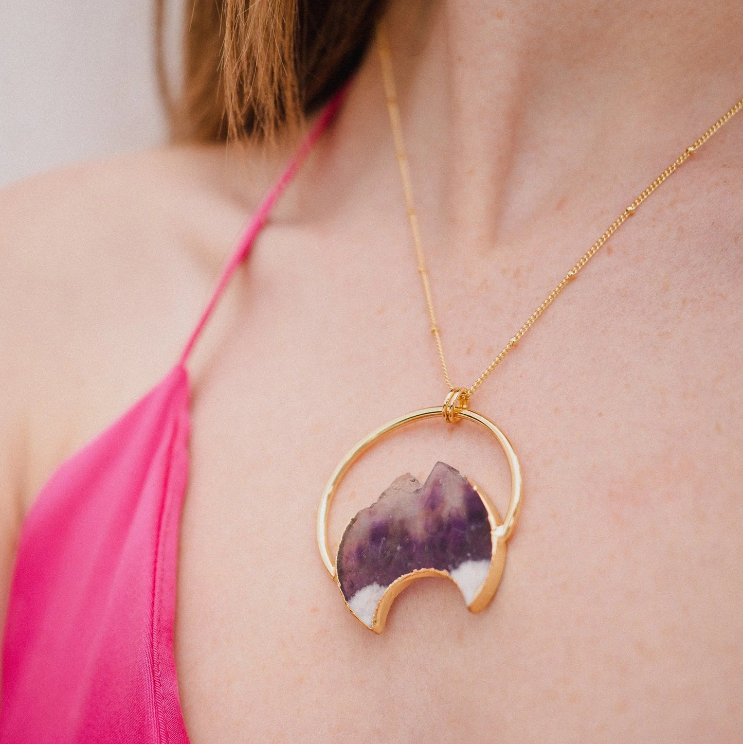 Amethyst Necklace, Gold Plated Necklace, Moon Necklace, Unique Gift