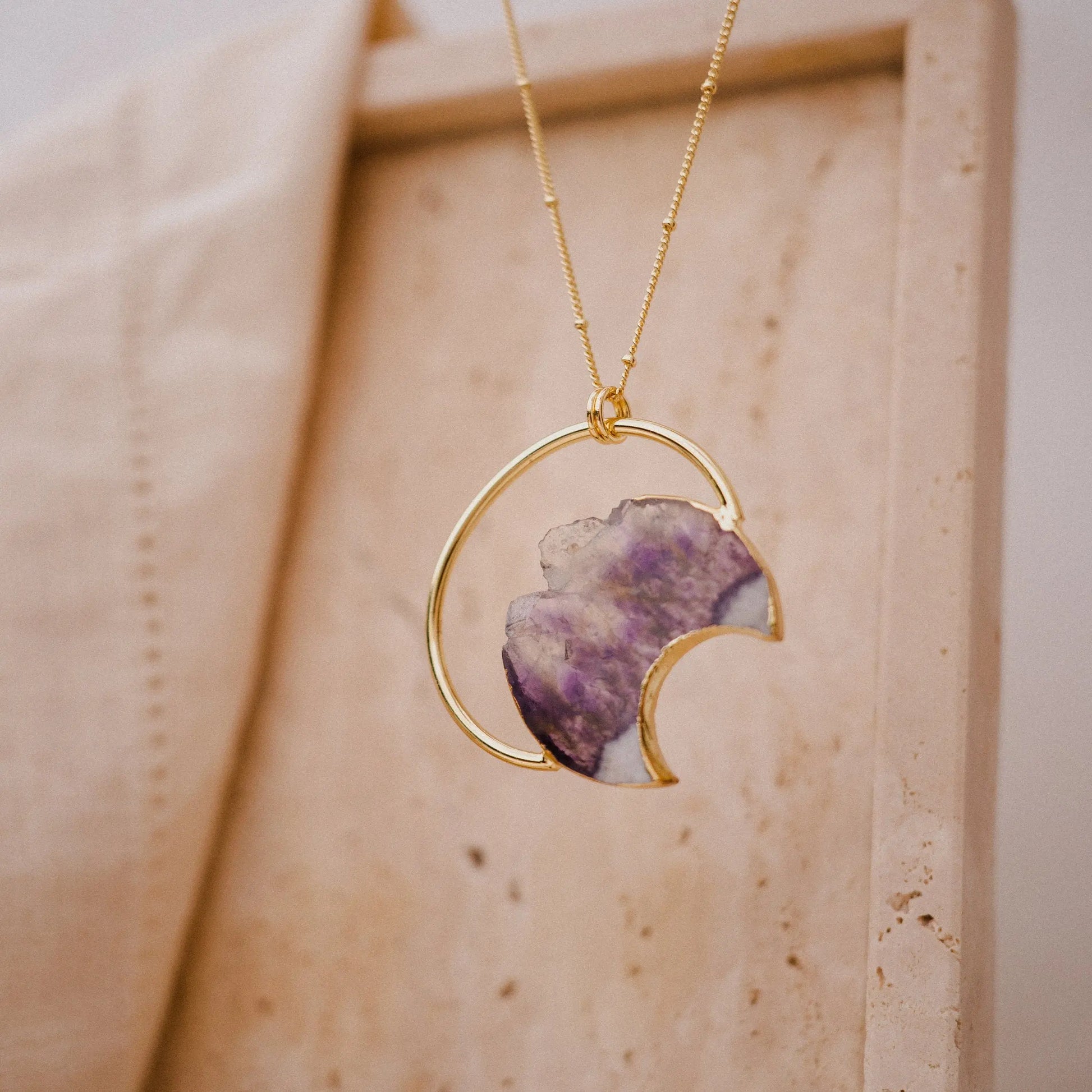 Amethyst Necklace, Gold Plated Necklace, Moon Necklace, Unique Gift