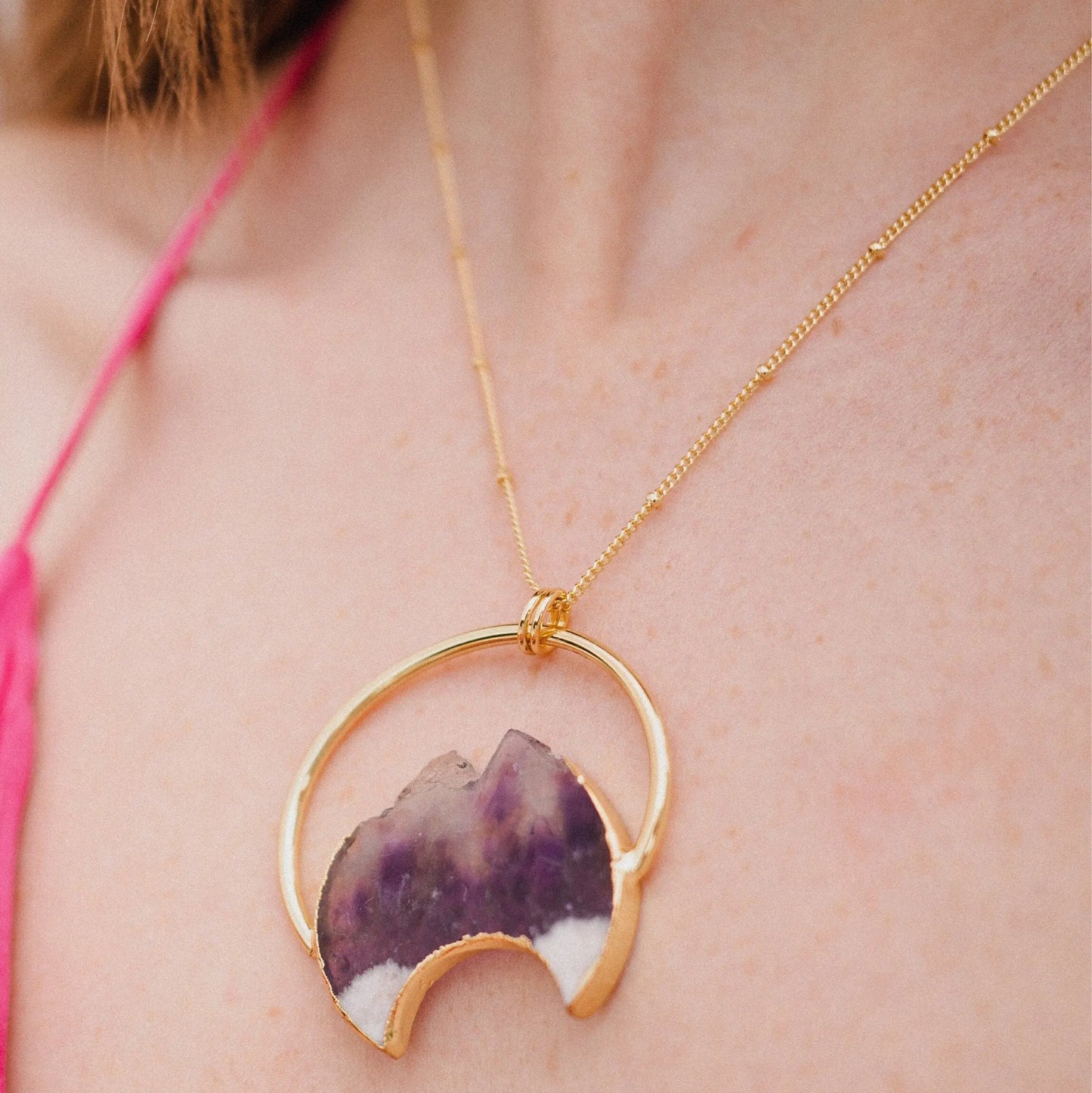 Amethyst Necklace, Gold Plated Necklace, Moon Necklace, Unique Gift