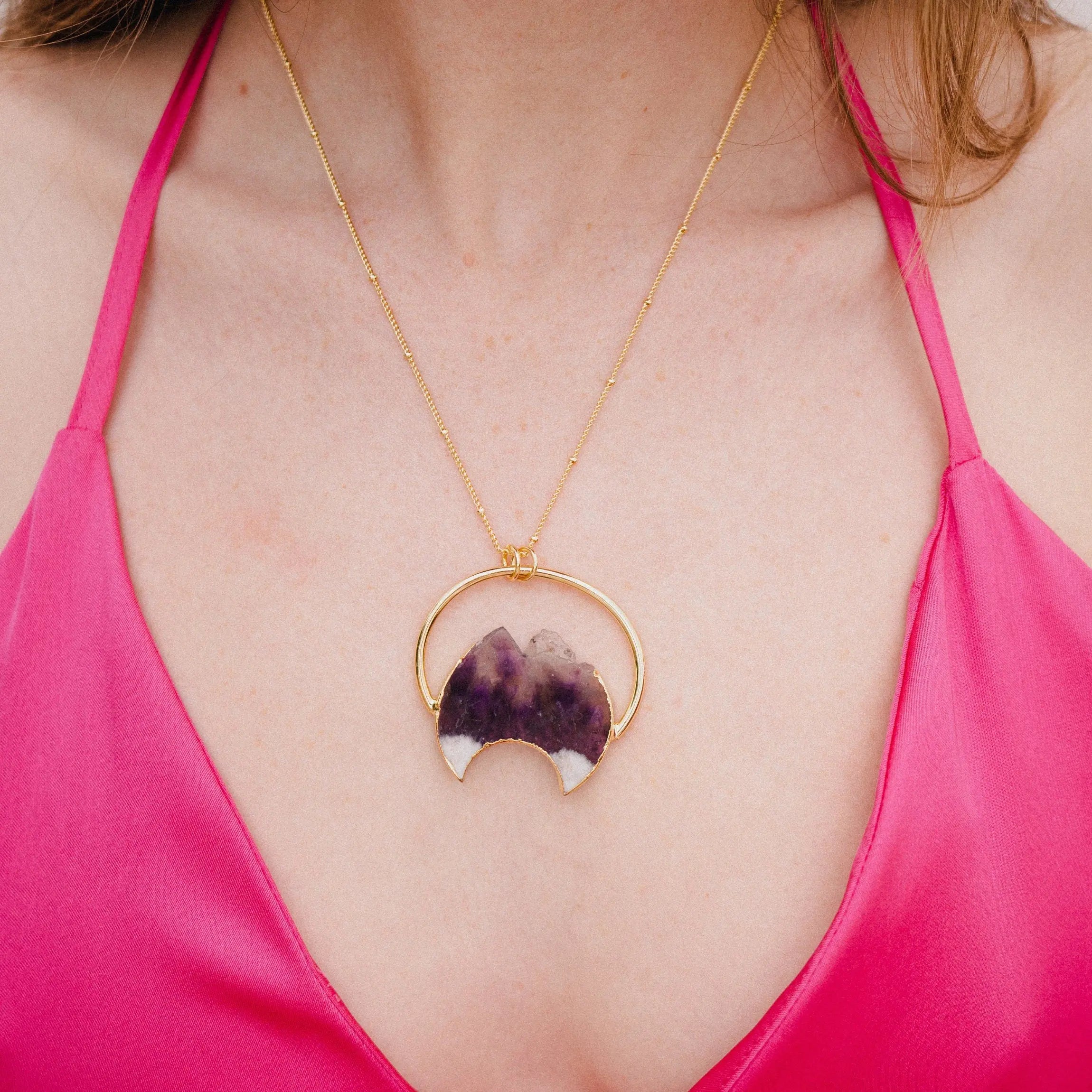 Amethyst Necklace, Gold Plated Necklace, Moon Necklace, Unique Gift