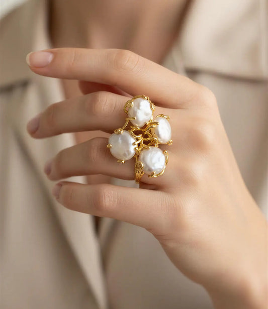 Baroque Open Ring with Natural Pearls in 18K Gold – Sculptural and Artisanal Elegance PHOEBE'S 