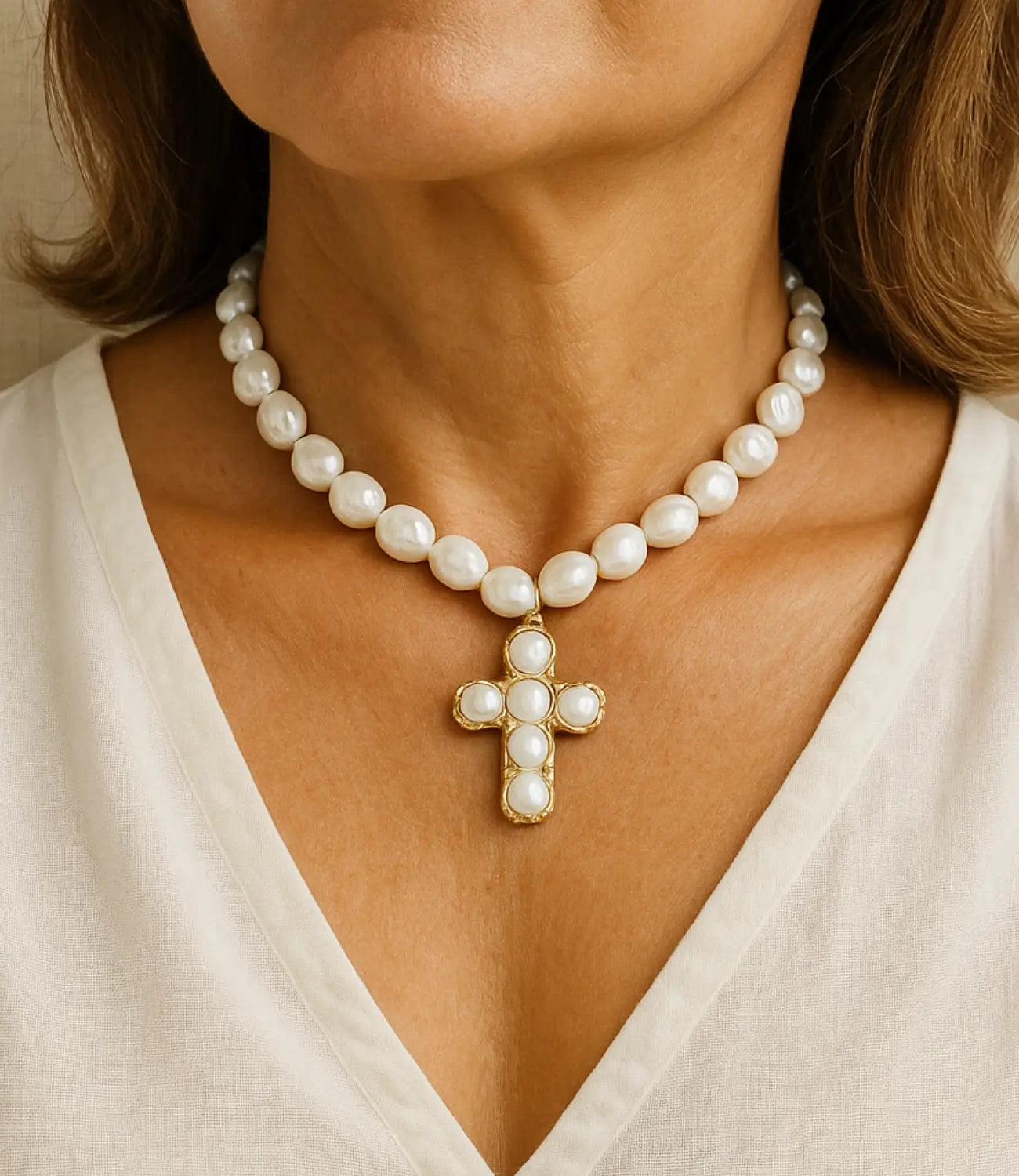 Baroque Pearl Choker with Gold Cross PHOEBE'S 