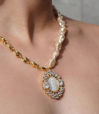 Baroque Pearl and Gold Chain Necklace with Religious Medal PHOEBE'S 