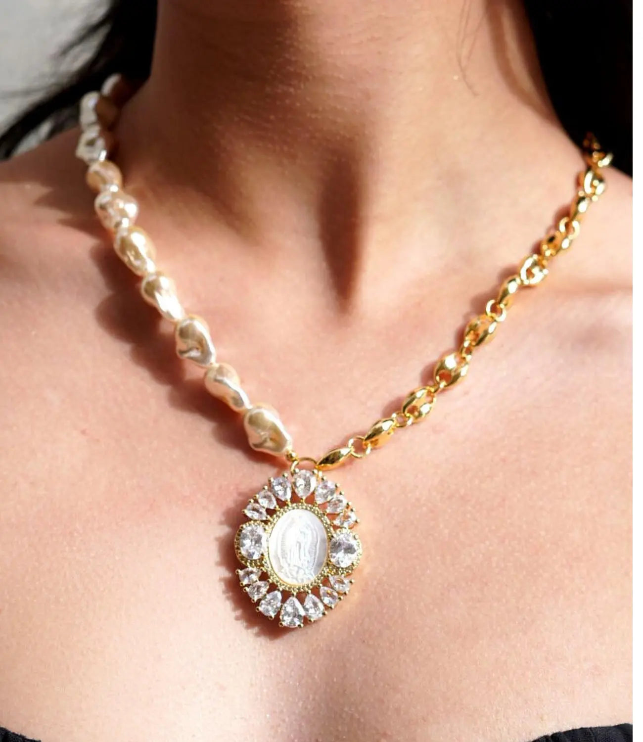 Baroque Pearl and Gold Chain Necklace with Religious Medal PHOEBE'S 