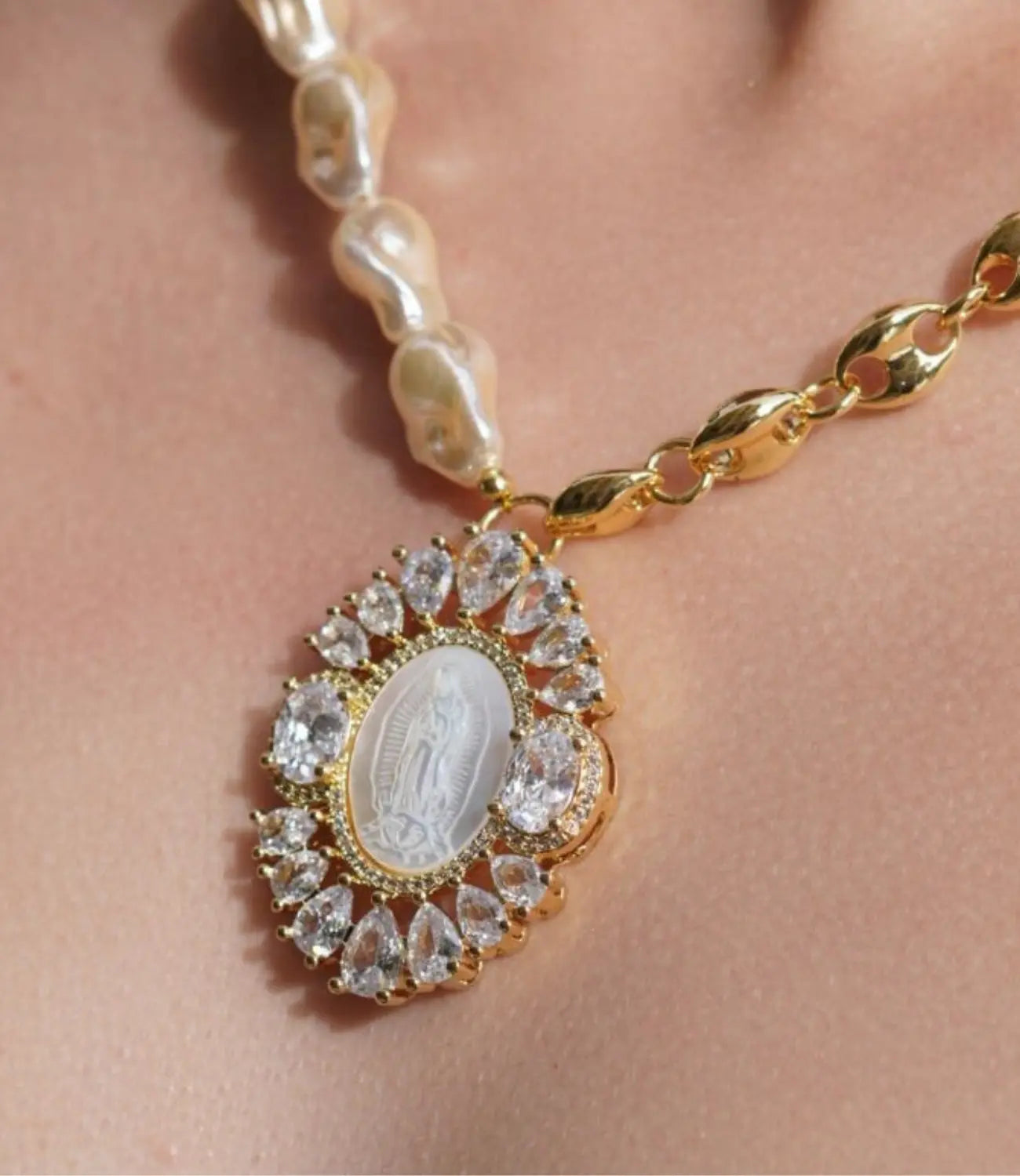 Baroque Pearl and Gold Chain Necklace with Religious Medal PHOEBE'S 