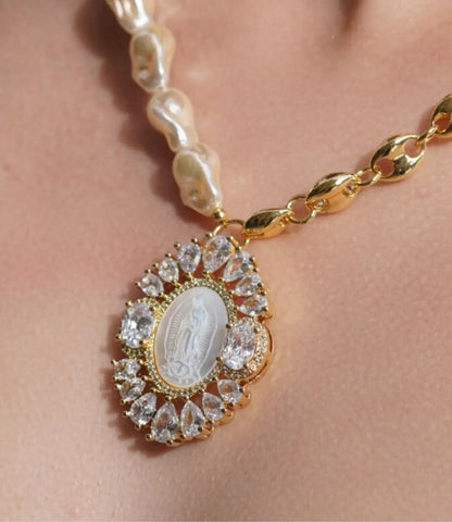 Baroque Pearl and Gold Chain Necklace with Religious Medal PHOEBE'S 