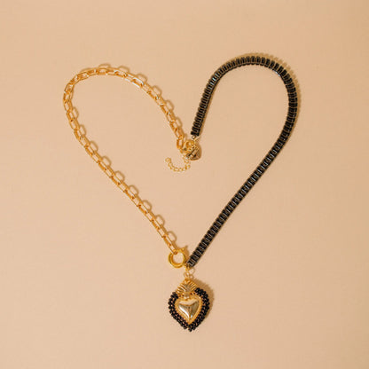 Black Crystal Necklace, Heart Charm, Gift for Her