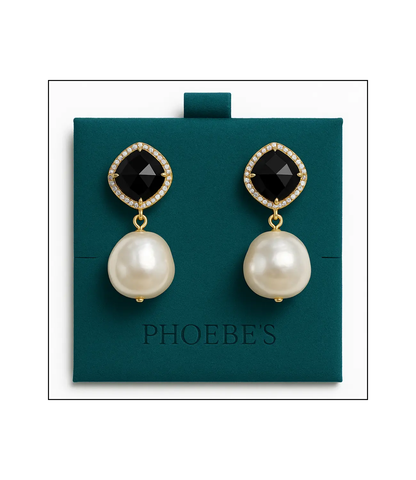 Black Onyx and Baroque Pearl Earrings with 18K Gold Plating Phoebe`s  
