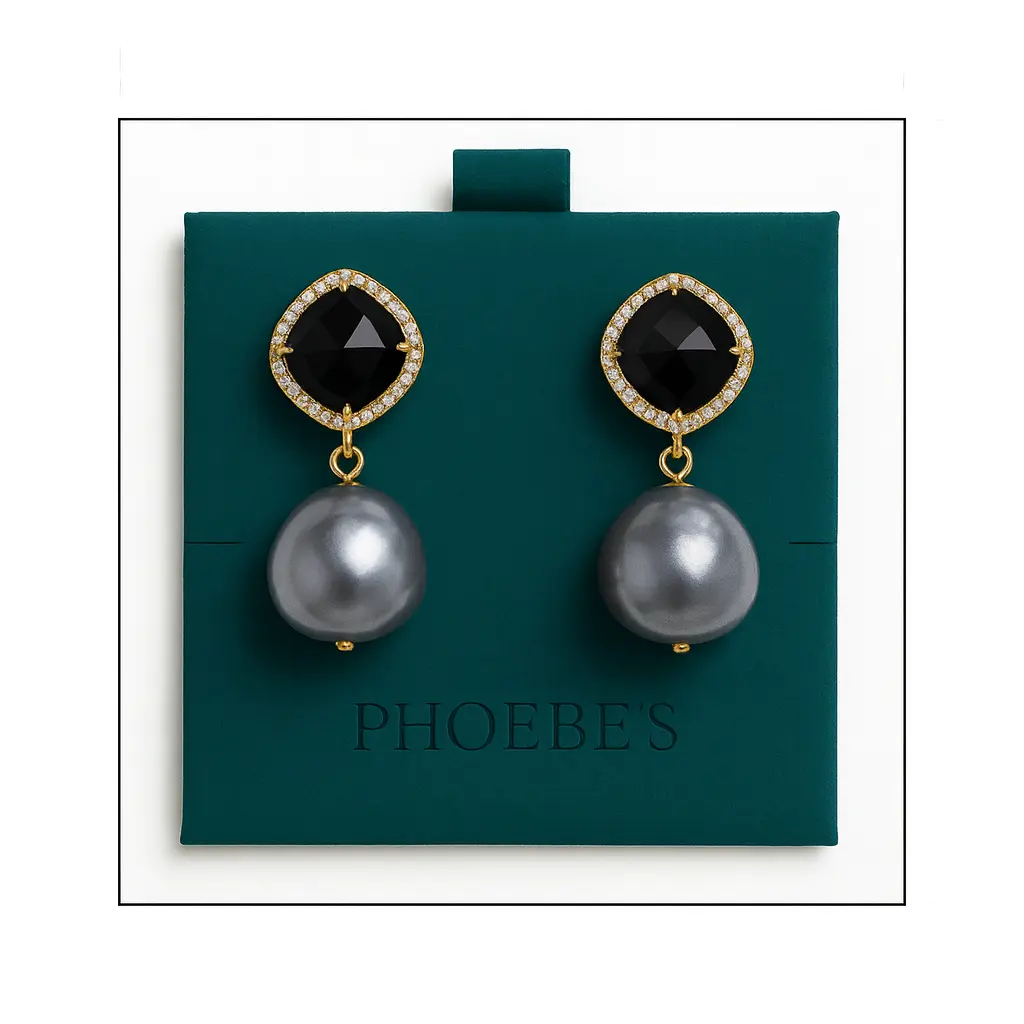 Black Onyx and Baroque Pearl Earrings with 18K Gold Plating Phoebe`s  