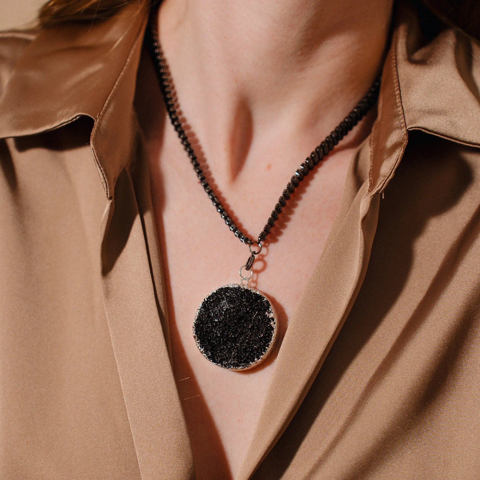 Black Stone Necklace,Druzy Quartz Pendant, Meaningful and Protective Gift