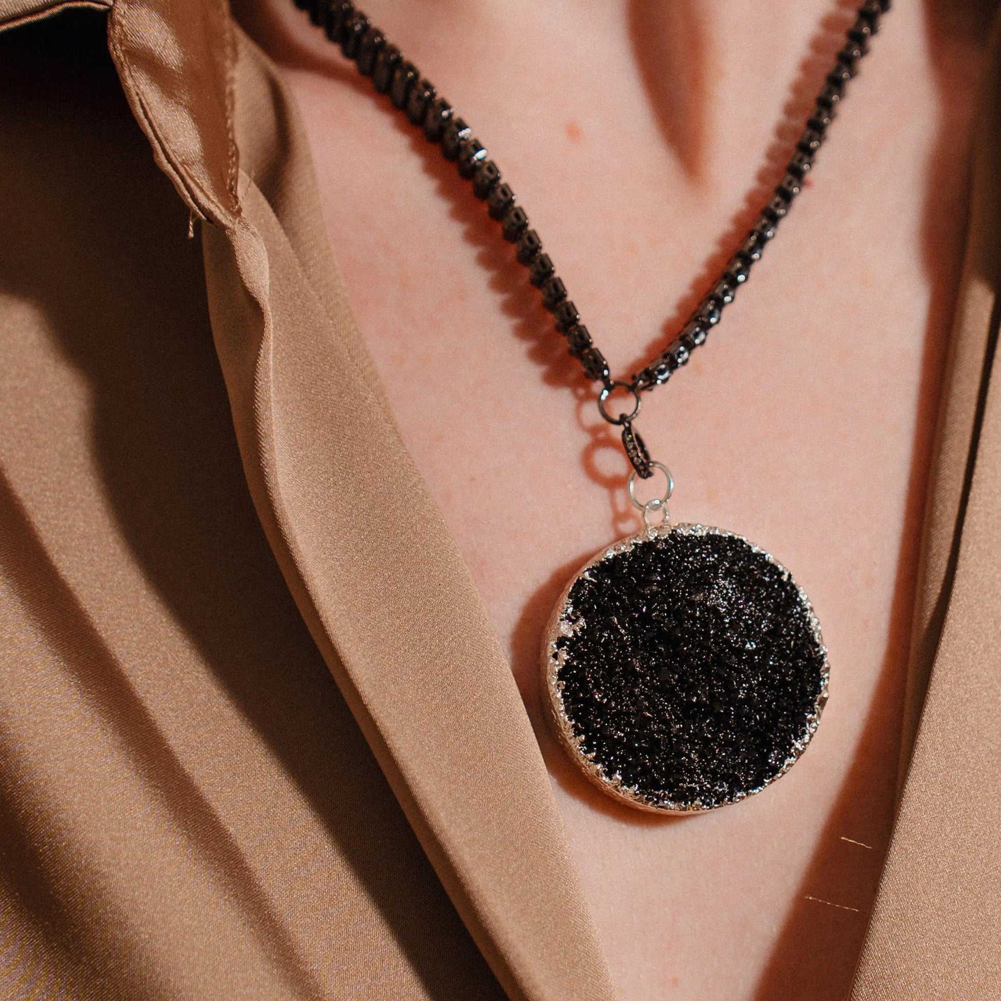 Black Stone Necklace,Druzy Quartz Pendant, Meaningful and Protective Gift