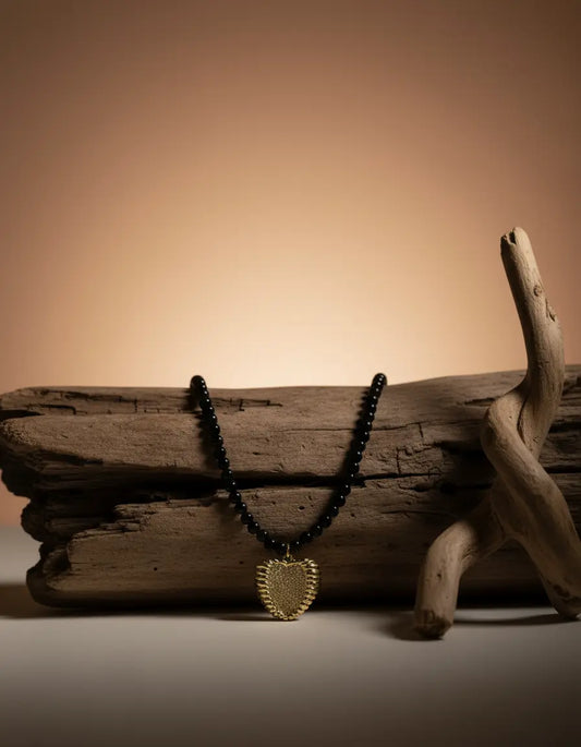Black Tourmaline Necklace with Gold Heart Pendant – Protective Elegance PHOEBE'S 