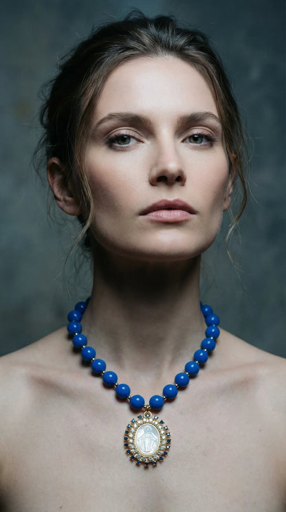 Blue Beaded Necklace with Virgin Medal Pendant PHOEBE'S 
