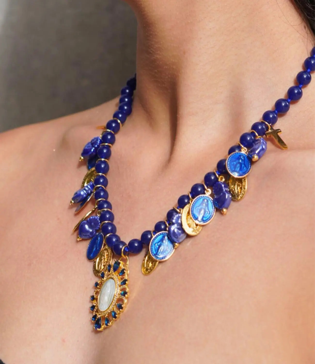 Blue Natural Stone Necklace with Hand-Painted Virgin Mary Charms PHOEBE'S 