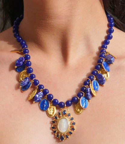 Blue Natural Stone Necklace with Hand-Painted Virgin Mary Charms PHOEBE'S 