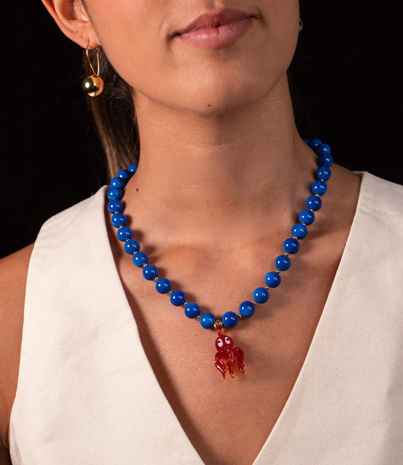 Blue Necklace with Red Crystal Octopus Pendant PHOEBE'S 