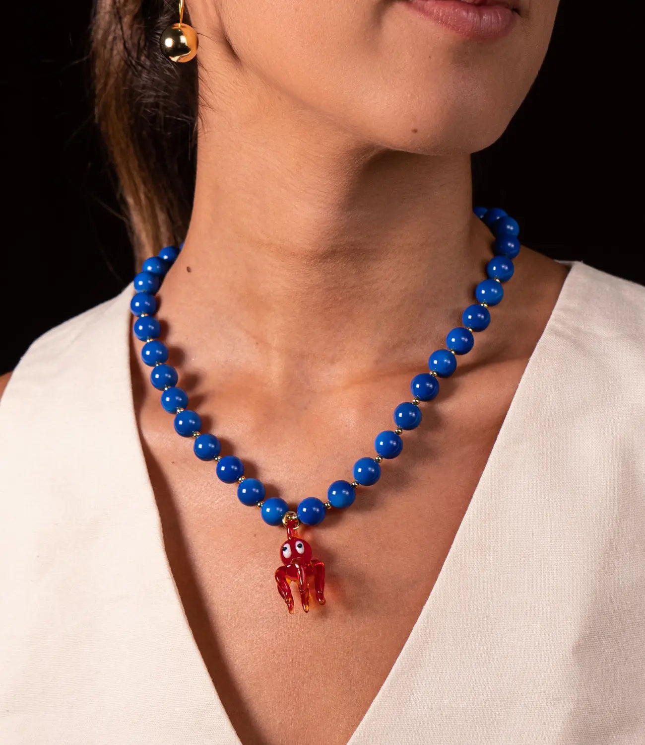 Blue Necklace with Red Crystal Octopus Pendant PHOEBE'S 