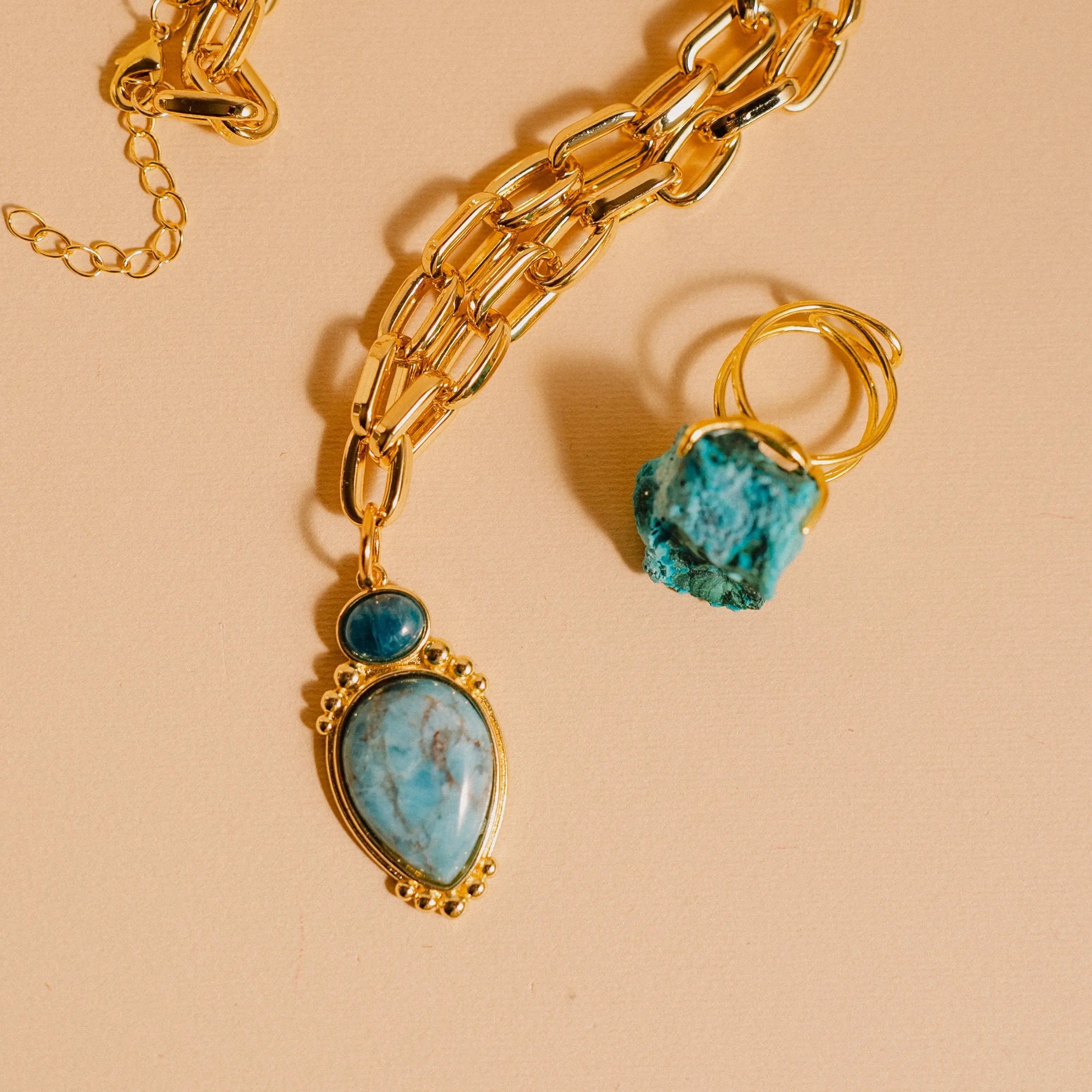 Blue Stone Necklace, Chrysocolla Necklace, Ring, Summer Jewelry