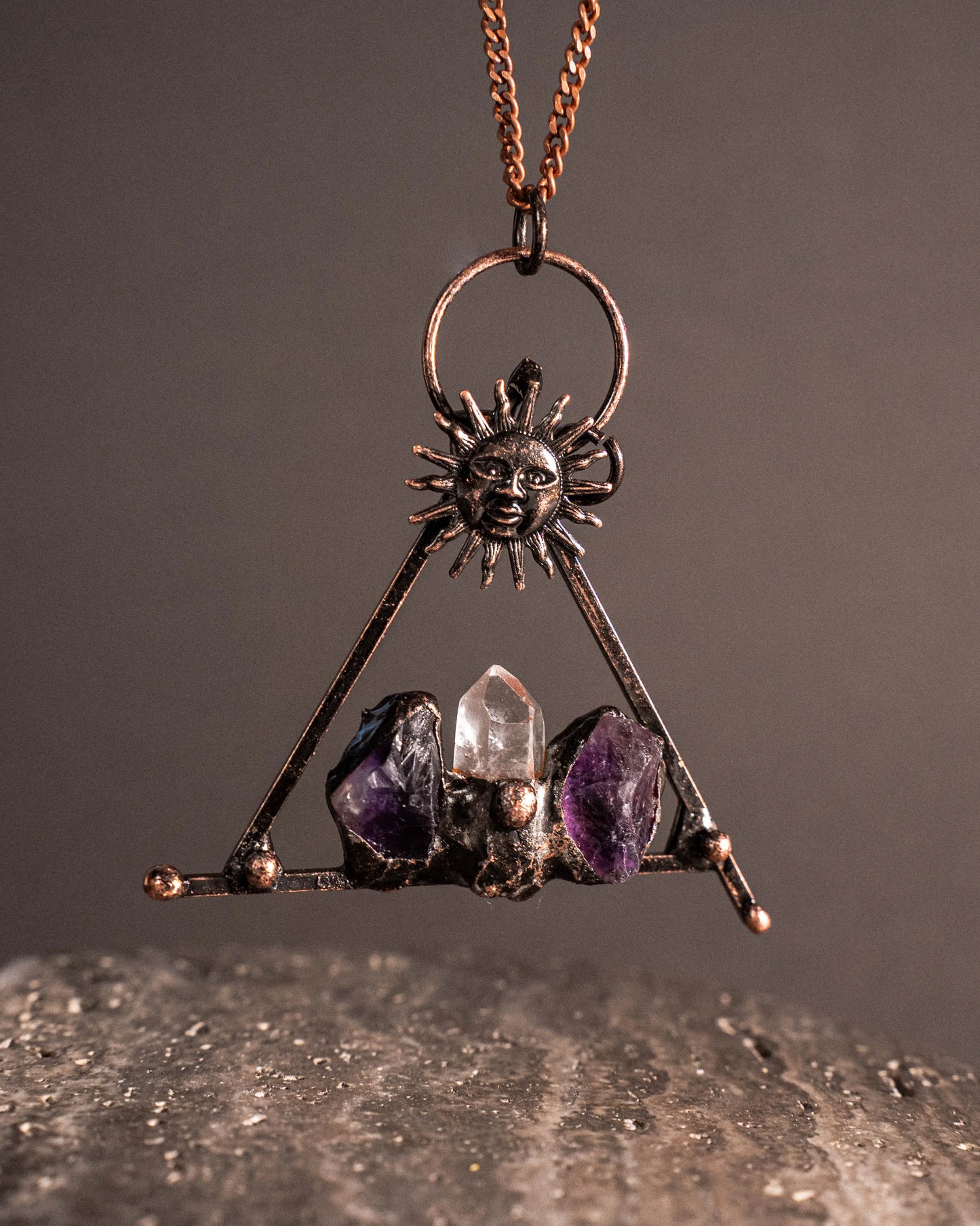 Bronze Solar Necklace with Quartz and Amethyst Phoebe`s  