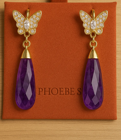 Butterfly Earrings with Natural Gemstones – Amethyst, Black Agate, or Rose Quartz PHOEBE'S 