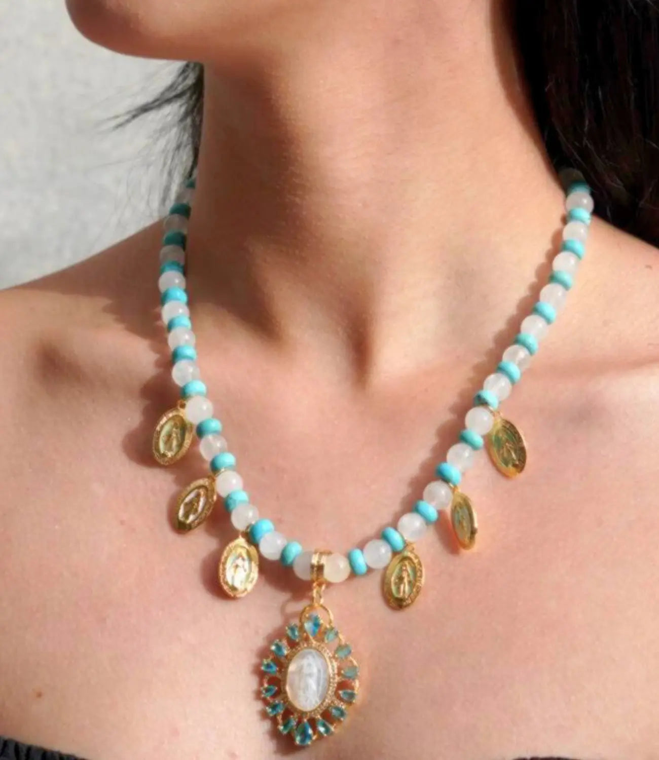 Catholic Moonstone and Turquoise Necklace with Virgin Mary Medals PHOEBE'S 